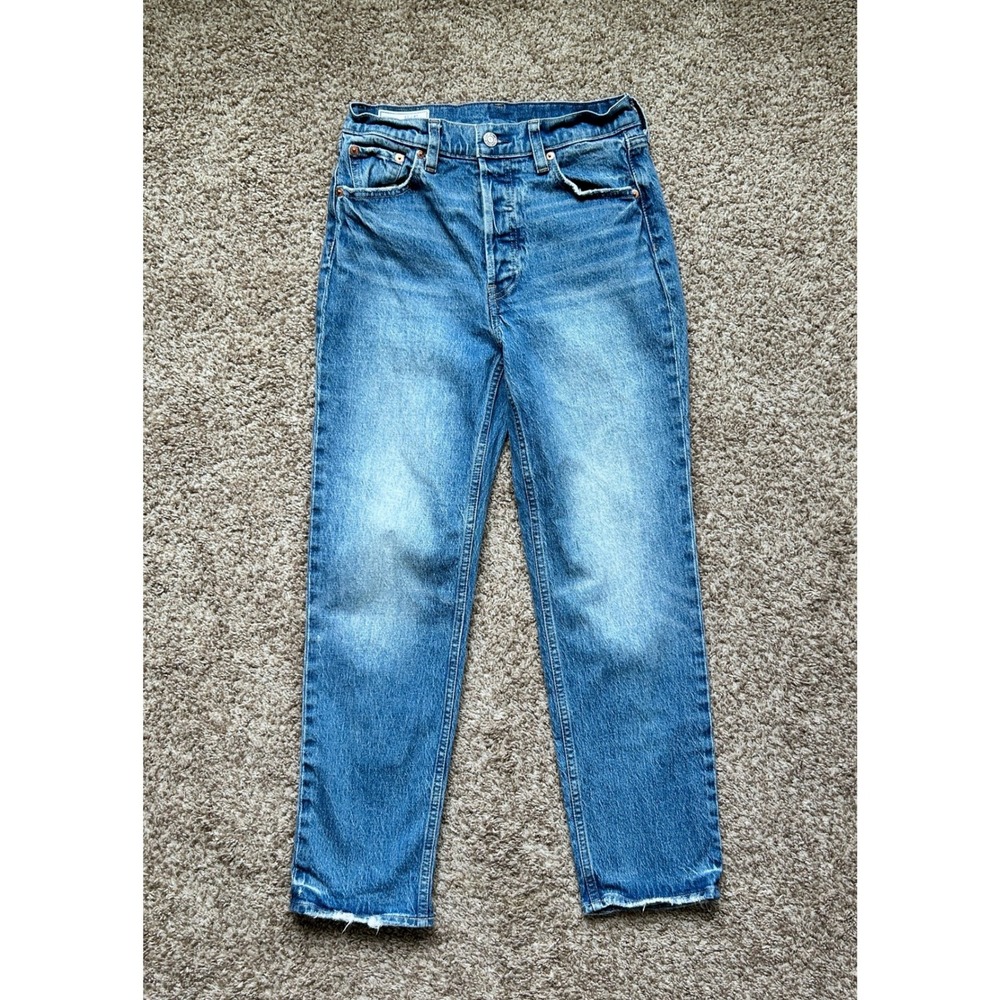 Gap Womens Cheeky Straight High Rise Jeans Medium Wash Blue Raw Hem Size 27 4R